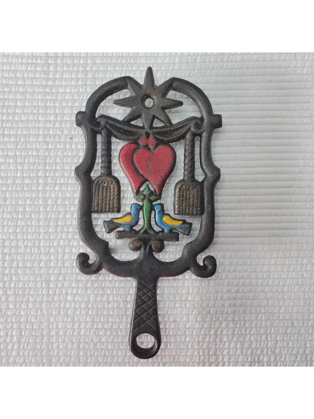 Wilton Cast Iron Trivet Vintage Painted Hanging Brooms Hearts Birds #1 Hot Plate